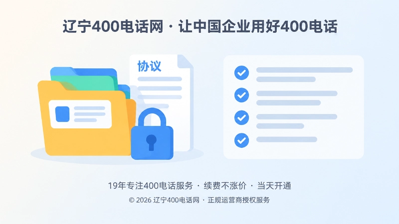 极简扁平化插画：左侧文件夹、协议与锁，右侧核验清单区块，象征资料留档与权限归企业