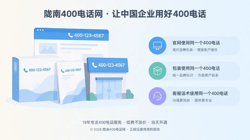左图右文式构图：左侧多种企业物料色块带同一号码条，右侧三行文字块
